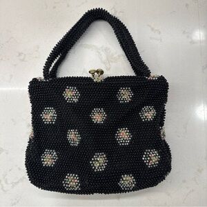 Vintage floral burst Black corde Beaded Handbag mid century evening formal purse